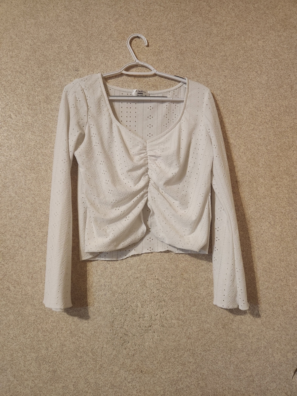 Eyelet Ruched Front Long-Sleeve Top - White